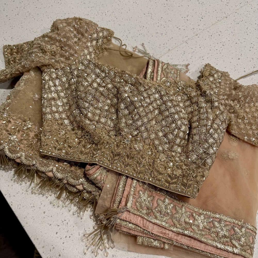 Custom-Made Elegant Cream Lehenga Choli & Jewelry - Picture 4 of 12